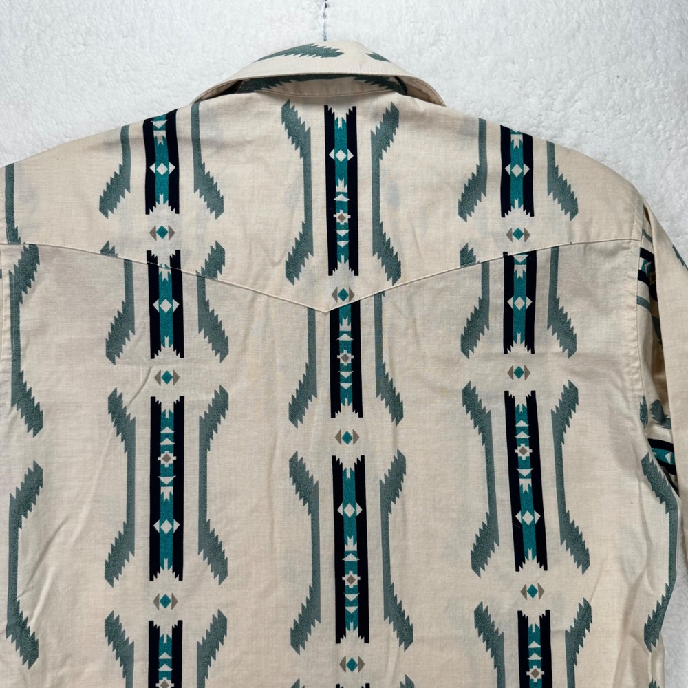 Wrangler Mens Aztec Western Snap Shirt Small Teal Tan Geometric Long Sleeve - Picture 11 of 12